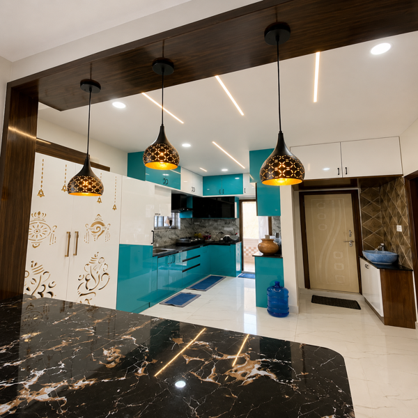 Modern kitchen, luxury interior, turquoise cabinets, black marble countertop, pendant lights, contemporary design, modular kitchen, elegant decor, open plan, dining area, glossy flooring, teal cabinetry, white cabinets, kitchen island, marble surface, designer lighting, hanging lamps, warm lighting, recessed lights, ceiling lights, wooden accents, decorative wardrobe, built-in storage, chimney, cooking area, sink, refrigerator, water dispenser, blue water bottle, entrance door, stylish home, premium interiors, residential apartment, modern architecture, sophisticated, spacious, clean, bright, vibrant colors, geometric tiles, backsplash, countertop, cabinetry, home decor, interior design, luxury apartment, contemporary home, kitchen renovation, stylish lighting, functional kitchen, upscale living.